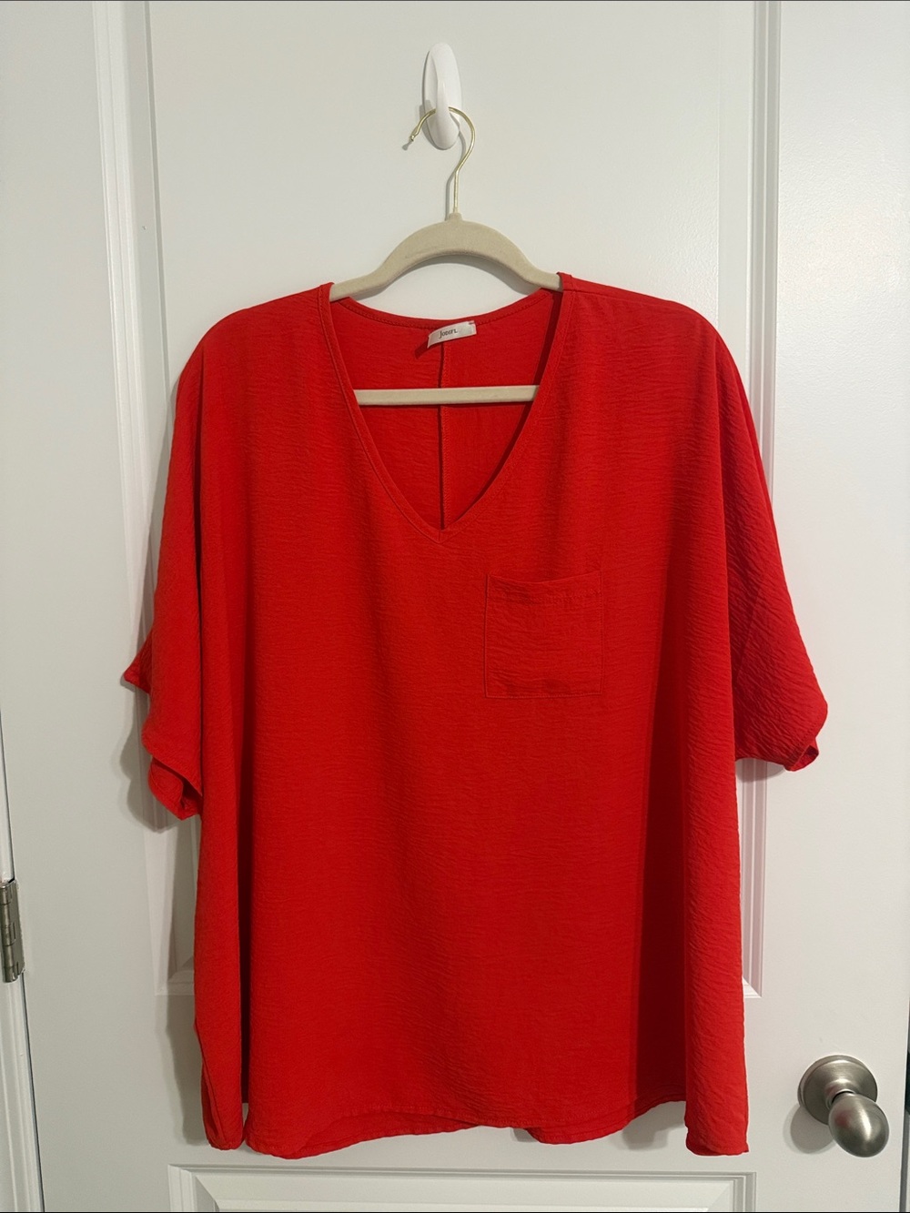 JODIFL Vibrant Red V-Neck Short Sleeve Blouse